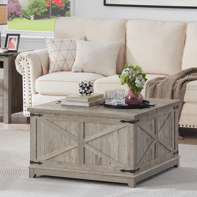 Joaxswe Farmhouse Coffee Table with Hidden Storage Organizer, Modern Square Large Center Table, Wood Farm House Low Rustic Light Oak Living Room Tables with Hinged Lift Top for Home, Office