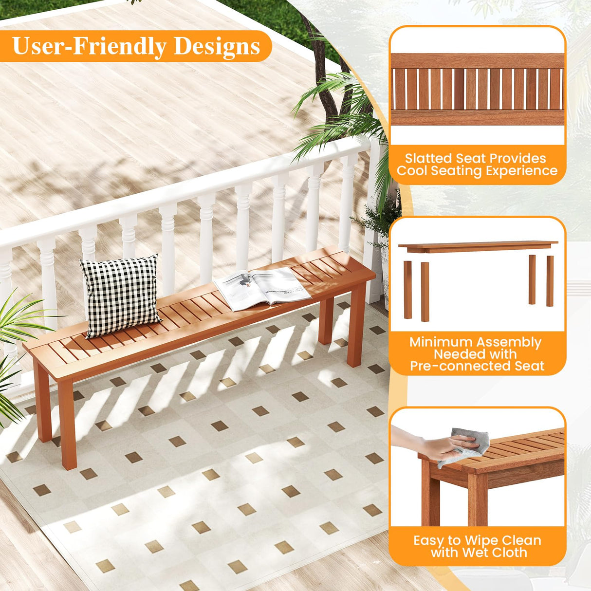 Tangkula Outdoor Wood Bench, 59” Long Patio Dining Bench Set of 2, Backless Wooden Bench with Teak Oil Finish & Slat Seat, Accent Entryway Bench, Farmhouse Bench for Yard, Garden, Porch, Indoors Tangkula
