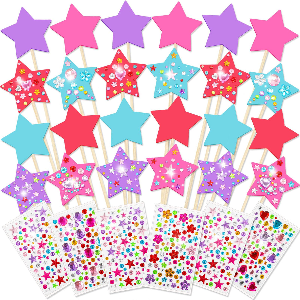 Juexica 30 Pcs Princess Fairy Wand Kit Includes 24 Make Your Own Princess Craft Unfinished Wooden Fairy Wand and 6 Gem Stickers for Girls DIY Magical Crafts(Pink,Purple,Red,Blue) Juexica