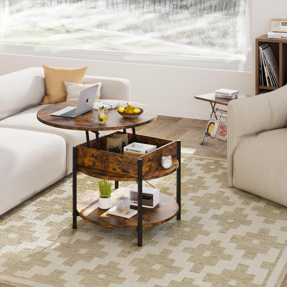 Ablefurn 26.77” Round Lift Top Coffee Table with Hidden Compartment and Adjustable Foot Pad,Rustic Central Table Dining Table with Lift Tabletop and Open Shelf for Home Living Room, Office, Brown Ablefurn