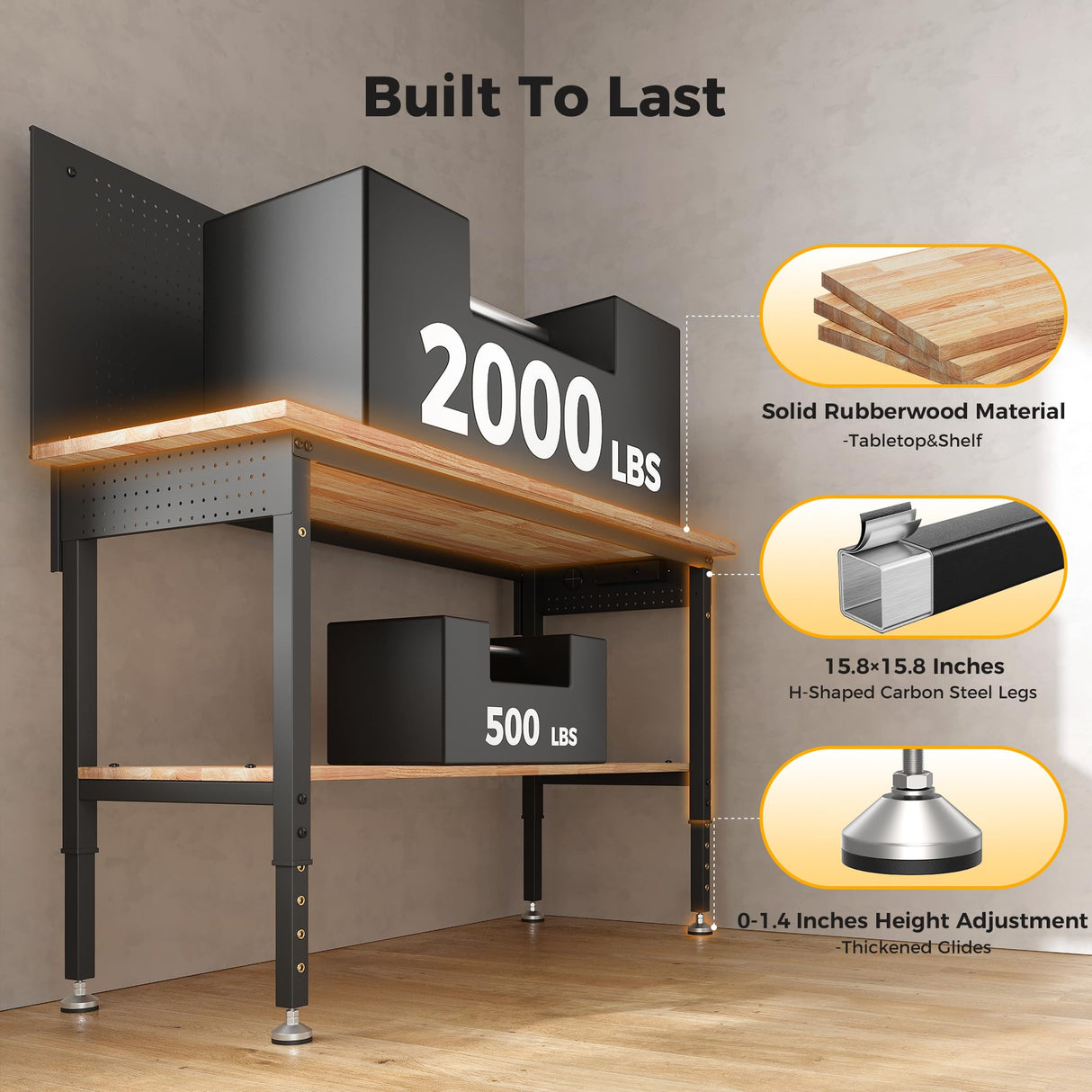 CAMMOO 60" Work Bench Adjustable Height with Storage Shelf, Max Load 2000 LBS Heavy Duty Rubberwood Tabletop with Pegboard, LED Light, Built-in Power Strip for Woodworking Shop, Garage, Home CAMMOO