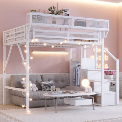 MoproBeti Queen Loft Bed with Stairs, Metal Loft Beds Queen Size Adults with Storage Shelves and Wardrobe, Heavy Duty High LoftBed for Teens, No Box Spring Needed, No Noise,White