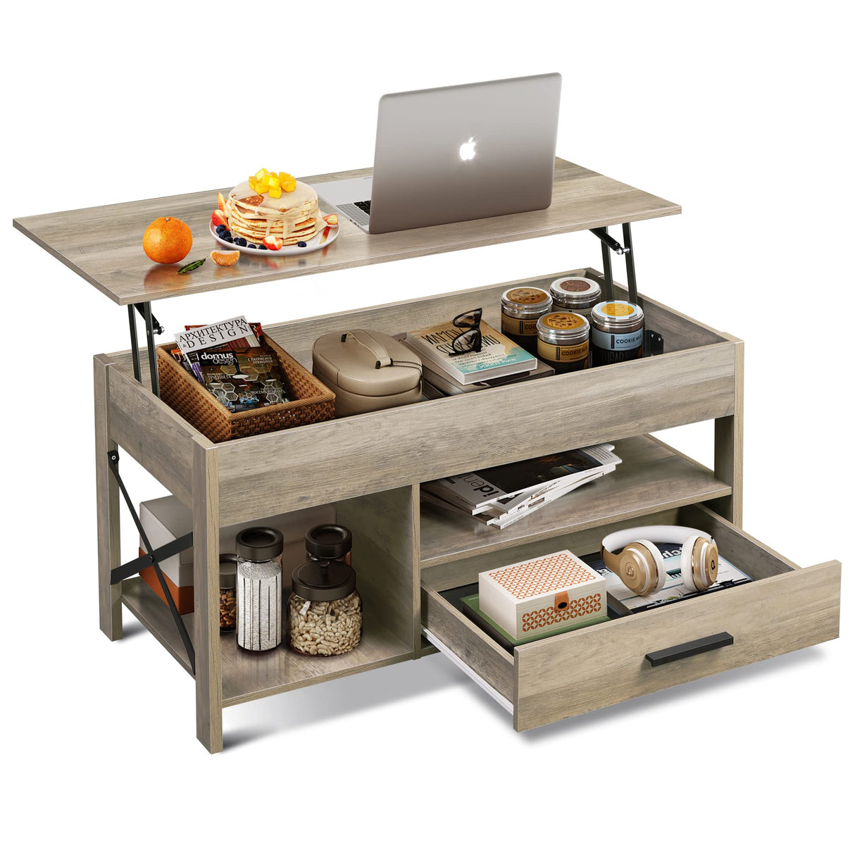 WLIVE Lift Top Coffee Table for Living Room,Coffee Table with Storage,Hidden Compartment and Metal Frame, Central Table for Reception Room,Grey WLIVE