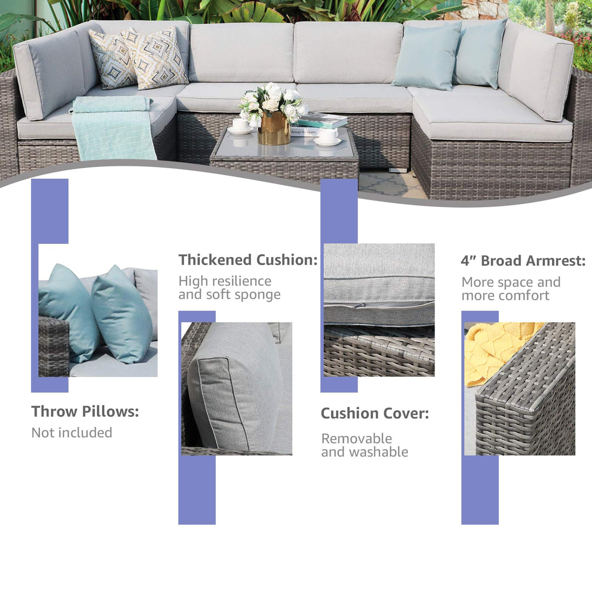 Patiorama 12 Piece Patio Furniture Set, Outdoor Sectional Sofa, All-Weather Grey PE Wicker Rattan Conversation Set, Patio Couch Furniture Set w/Coffee Table for Balcony Garden Pool(Light Grey Cushion) Patiorama