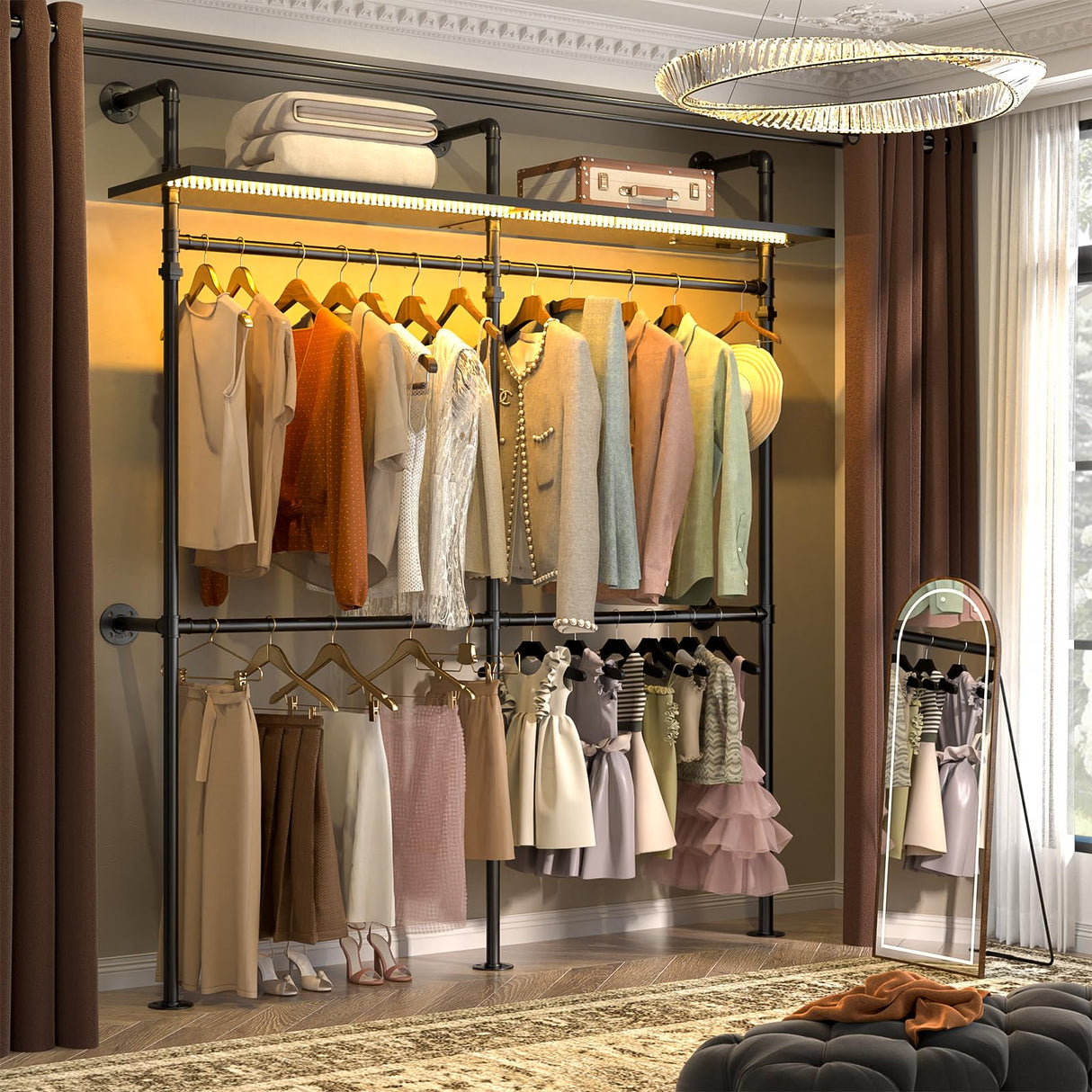 Aheaplus Industrial Pipe Clothing Rack, Reversible 79.7'' Clothes Rack for Hanging Clothes, Heavy Duty Garment Racks Closet Wardrobe with LED Lights& Shelves, Walk-in Closet System, Black Aheaplus