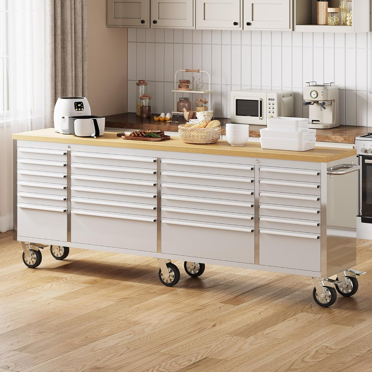 Rolling Tool Chest with Power Strip & Rubber Wood Top - 96 Inch Garage Workbench, Drawer Storage Cabinet Tool Box, Mobile Workstation SLEKVERSA