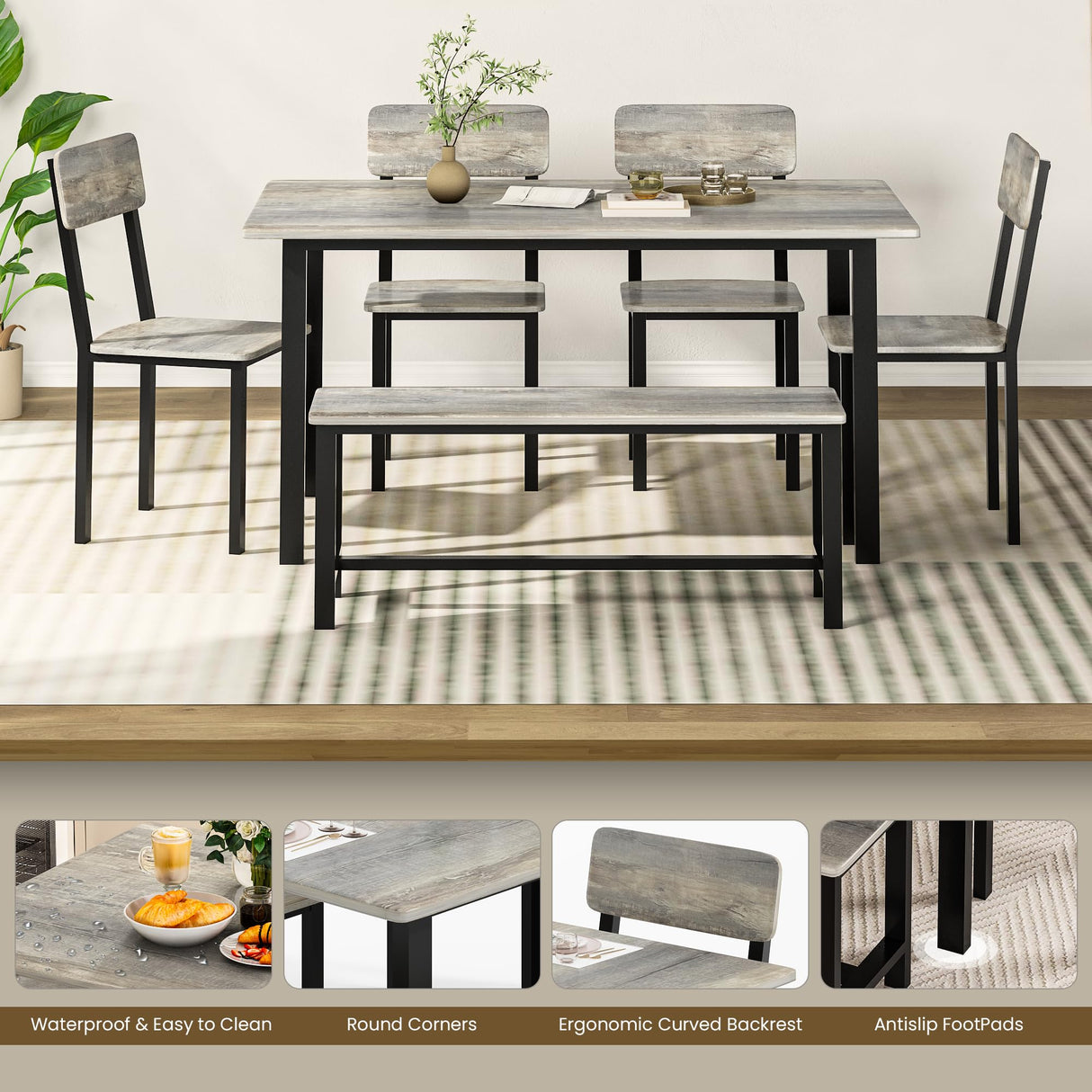 AWQM 6-Piece Dining Set, Modern Dining Table Set for 4-6,Kitchen Table Set with Chairs and Bench,Dining Room Table Set with Metal Frame & MDF Board, Table & Chairs Set for Small Space,Apartment,Grey AWQM