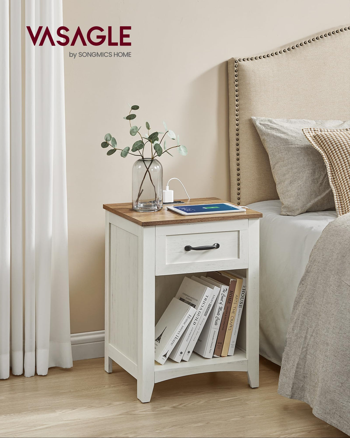 VASAGLE Farmhouse Nightstand with Charging Station, Bedside Table with Drawer, Open Compartment, Side Table with Storage, for Bedroom, Rustic White VASAGLE