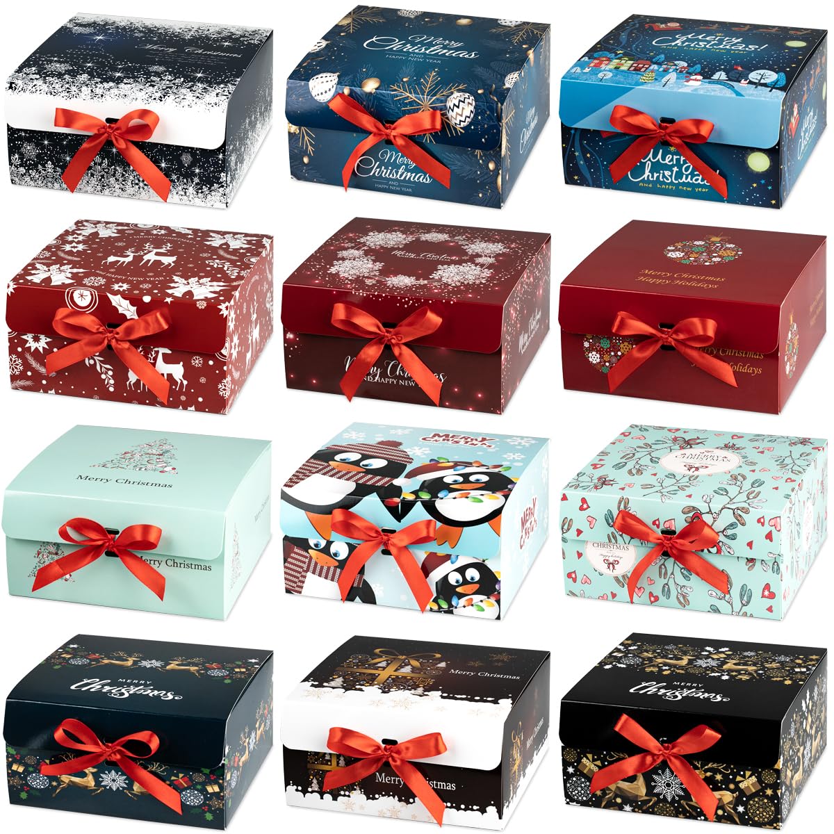 ARTLYMERS Christmas Gift Boxes with Lids, 12 Pack Gift Boxes and Red Ribbon Christmas Themed Pattern Small Gift Boxes for Christmas Presents Gifts Easy Assemble ARTLYMERS