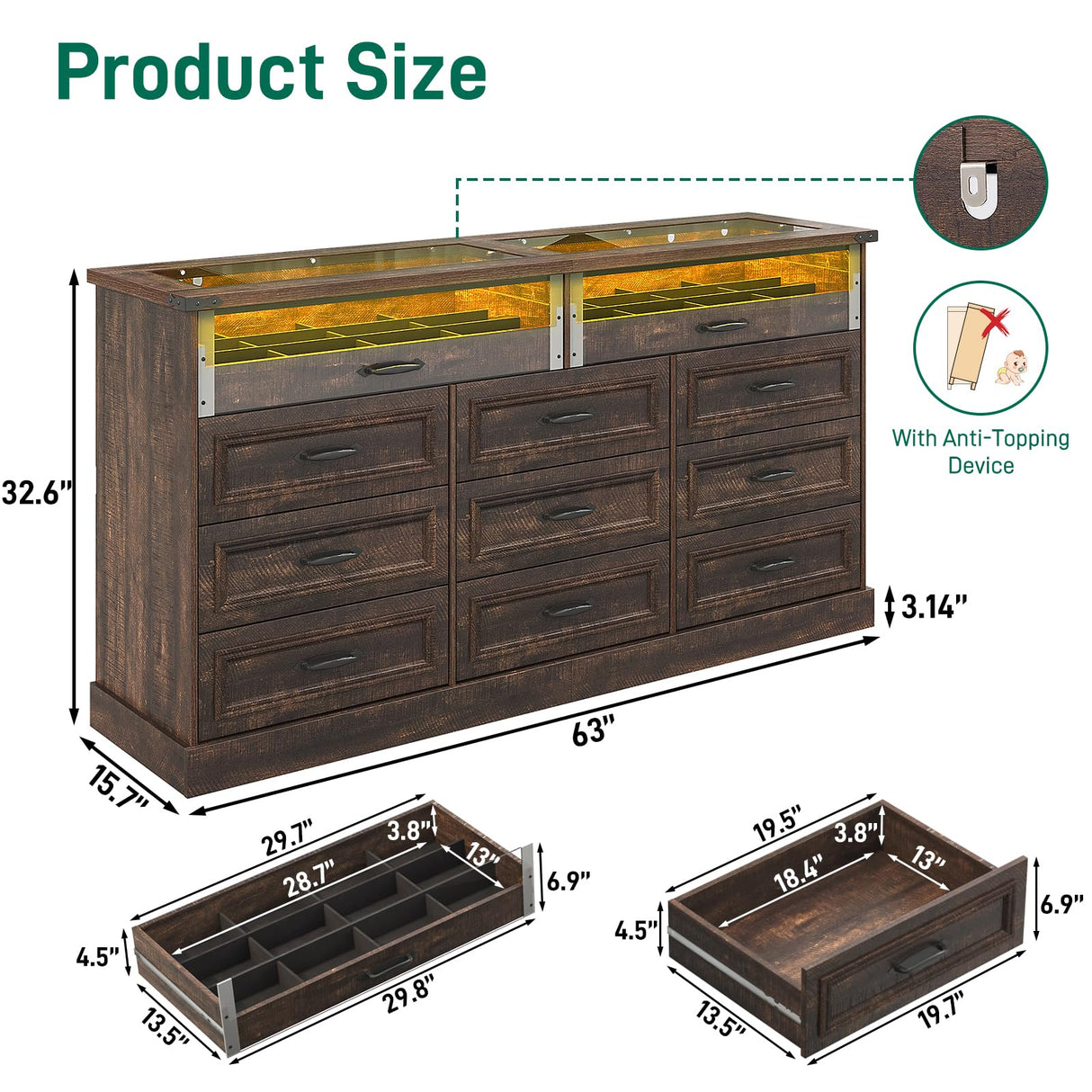 Hlivelood 63" Farmhouse 11 Drawer Dressers for Bedroom, Brown Wood Dresser w/Glass Top&Front Display Organizer, Bedroom Closet Island Chest of Drawers, for Living Room, Bedrooms, Hallway, Brown Hlivelood