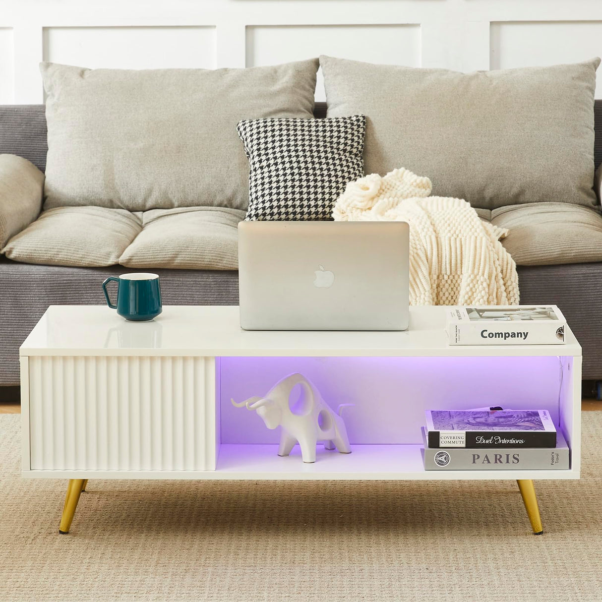 COSVALVE 41.3IN LED White Coffee Tables for Living Room with 16 Colors LED Lights, Modern Minimalist Coffee Table with Fluted Panel, Rectangle Center Table Game Table COSVALVE