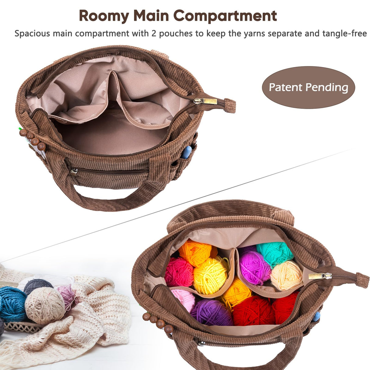 MYBAGZING Crochet Bag and Tote - Corduroy Yarn Bag - Yarn Holder for Crocheting - Crochet Storage Bag for Crochet Hooks, Crochet Accessories, Knitting Bag for Crochet Lovers, Mother's Day Gift MYBAGZING