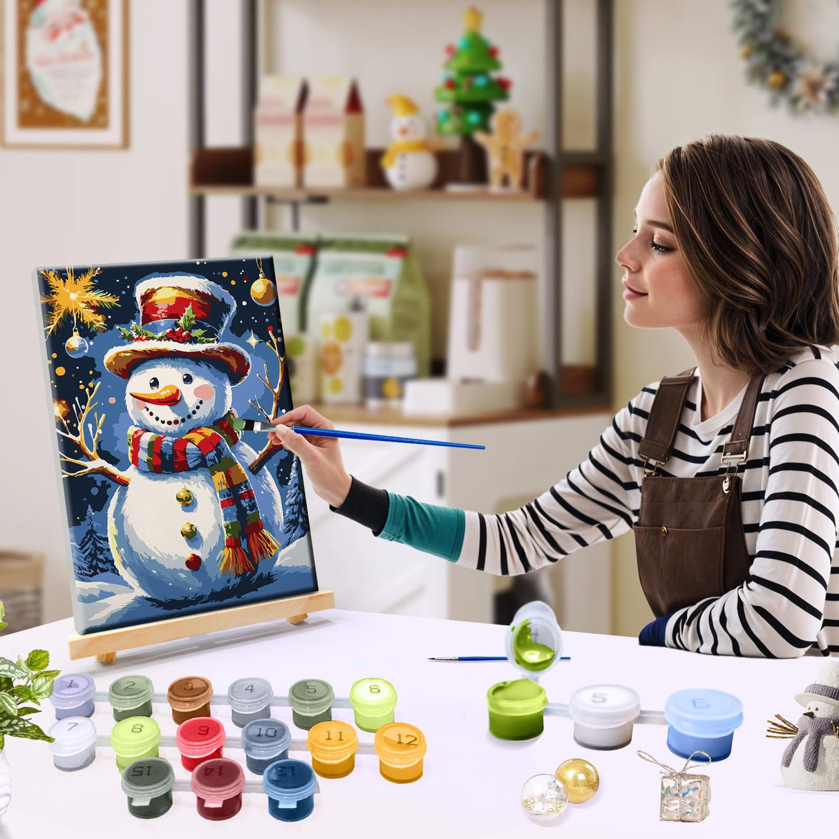 JOOZ Christmas Paint by Numbers Kit for Adults Framed Snowman Paint by Number with Easel Christmas Tree Paint by Number with Frame DIY Christmas Ball Oil Painting Kits for Home Wall Decor 8x12 Inch JOOZ