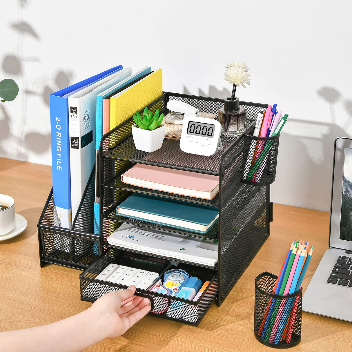 Marbrasse Desk Organizer with File Holder, 5-Tier Paper Letter Tray Organizer with Drawer and 2 Pen Holder, Mesh Desktop Organizer and Storage with Magazine Holder for Office Supplies(Black) Marbrasse