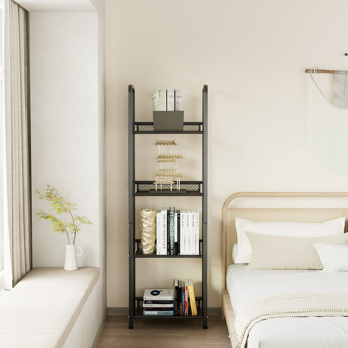 Azheruol Bookshelf Vertical Storage Freestanding Storage Stand for Living Room, Bedroom, Kitchen, Rust Resistance, Easy Assemblyl Free CombinationMulti-Functional Organizer (4 Tiers, Black) Azheruol