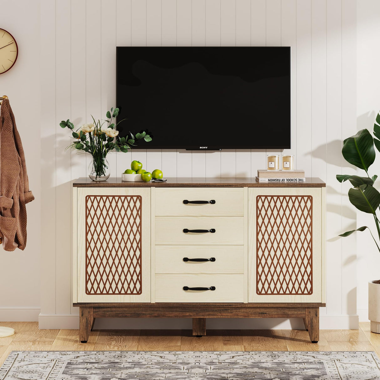 Tribesigns 4 Drawer Dresser, 47.2-Inch Farmhouse Chest of Drawer with 4-Tier Storage Shelves, Wood Dresser Organizer Cabinet for Bedroom Living Room Tribesigns