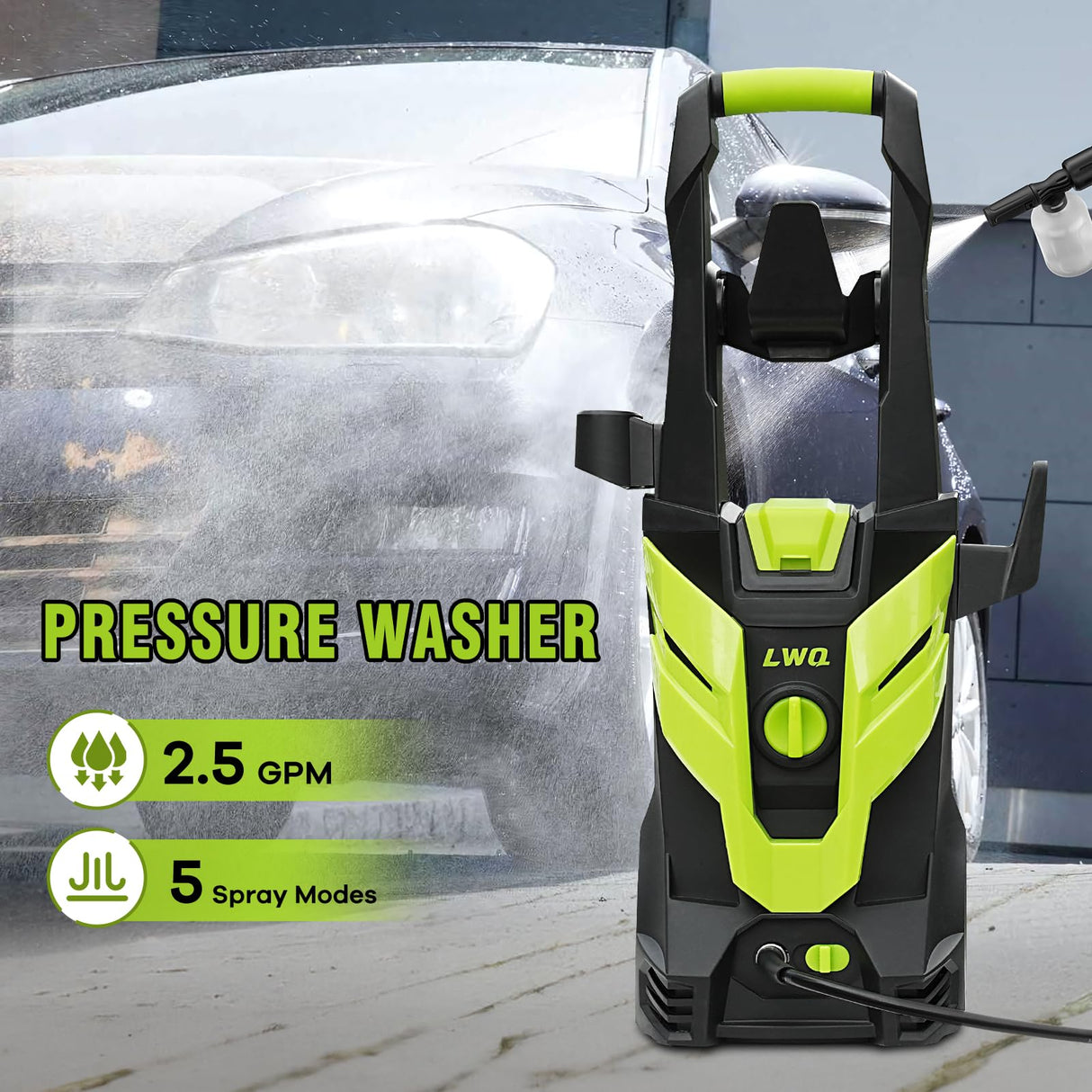 LWQ Electric Pressure Washer, 2.5 GPM Power Washer with 4 Quick Connect Nozzles, High Pressure Cleaning Machine with Foam Cannon for Cars/Fences/Driveways/Patios/Home Cleaning LWQ
