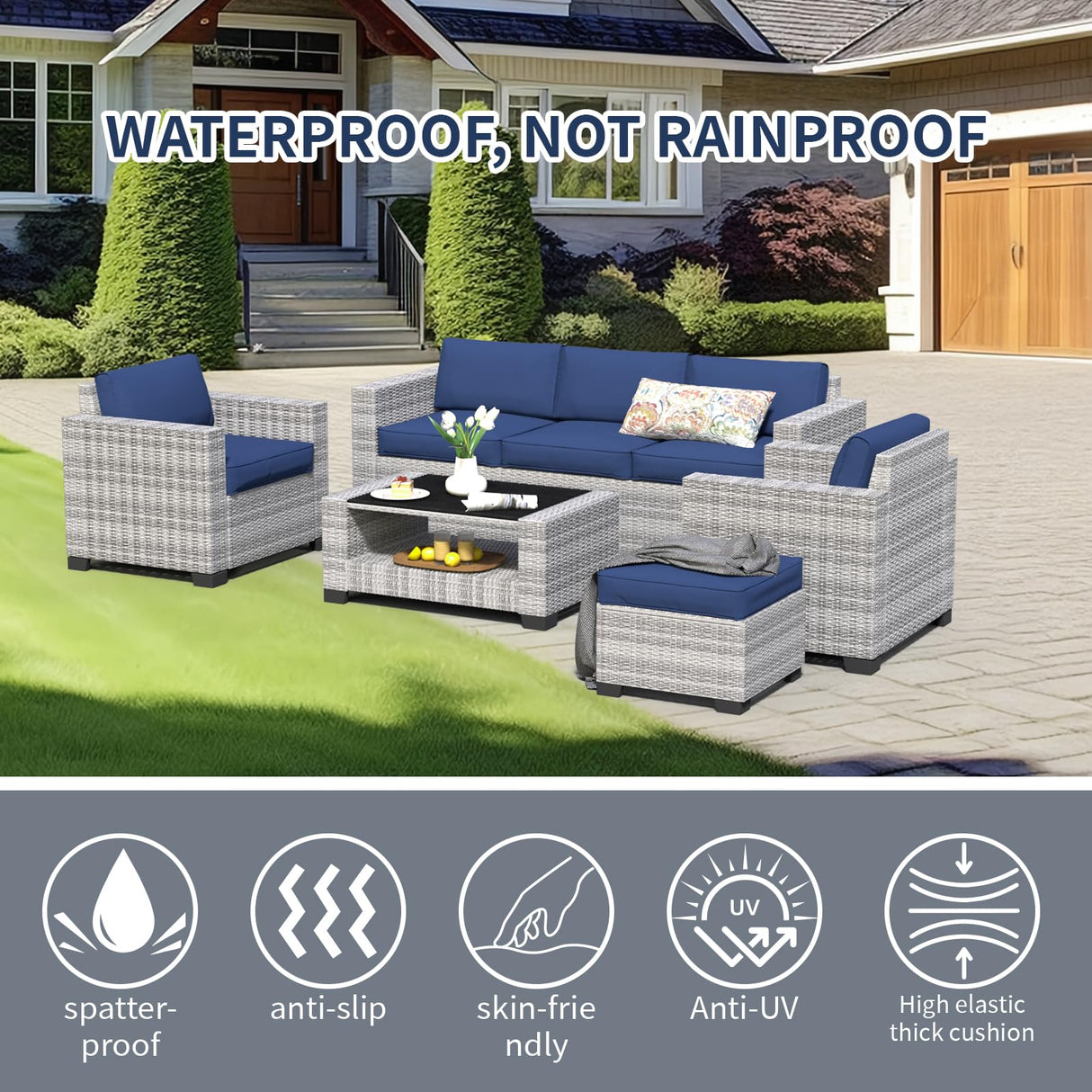 7 Piece Patio Furniture Set, Wicker Outdoor Sectional Sofa with Washable Cushion Covers and Tempered Glass Table, Rattan Conversation Set for Poolside, Lawn, Balcony (Navy Blue, Gray-white Rattan) SHGJ&SOFT