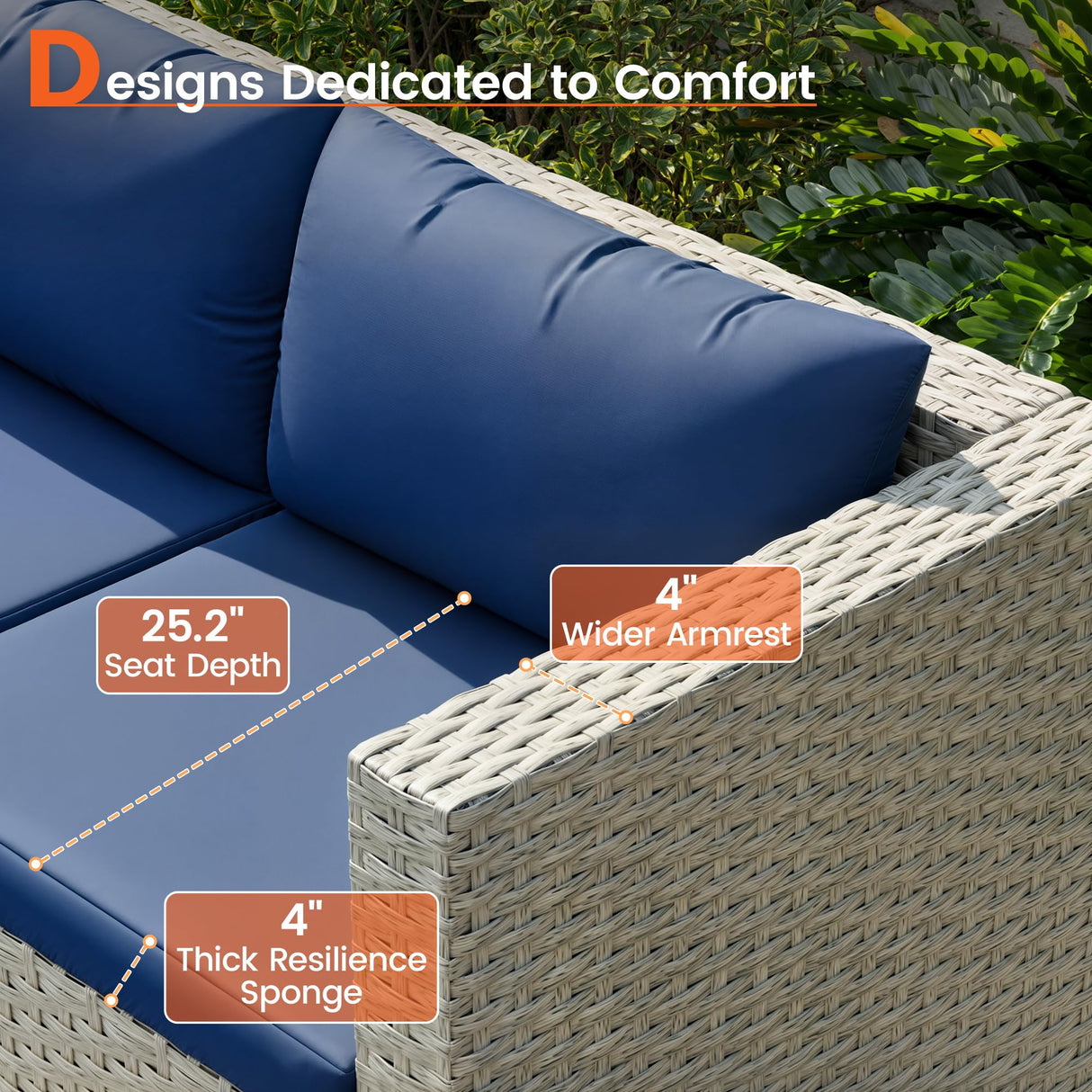 VONZOY Patio Furniture Set, 7-Piece Outdoor Sectional All-Weather Wicker Patio Conversation Set for Backyard (Navy Blue Cushions with Grey Rattan) VONZOY