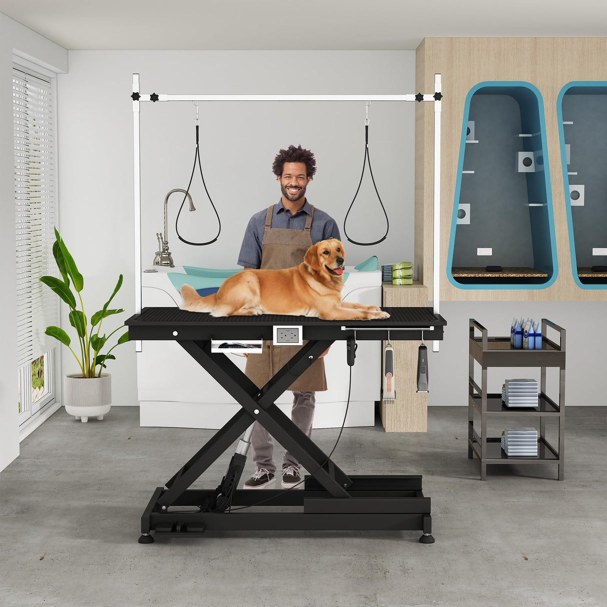 Electric Pet Grooming Table for Large Dogs - Professional Heavy Duty Height Adjustable Pet Grooming Station with Anti Slip Tabletop, Two Nooses & Tool Organizer, Maximum Capacity Up to 250 lbs Black Hipet