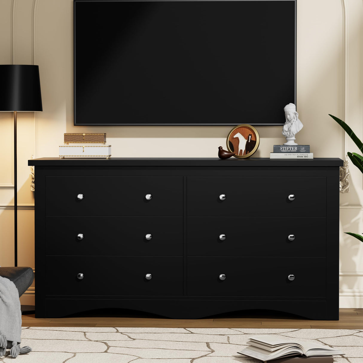 YESHOMY Dresser for Bedroom with 6 Drawers, Modern Chest of Drawers, Wooden Dressers, TV Stand for Living Room,Closet, Hallway (Black)