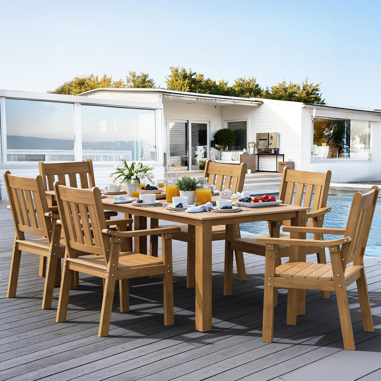 YEFU HIPS Patio Table Set: 7 Piece Outdoor Table and Chairs Dining Furniture Set with Umbrella Hole - Teak Modern Plastic Dining Sets 6 Person for Outside Deck with Metal Aluminum Frame YEFU