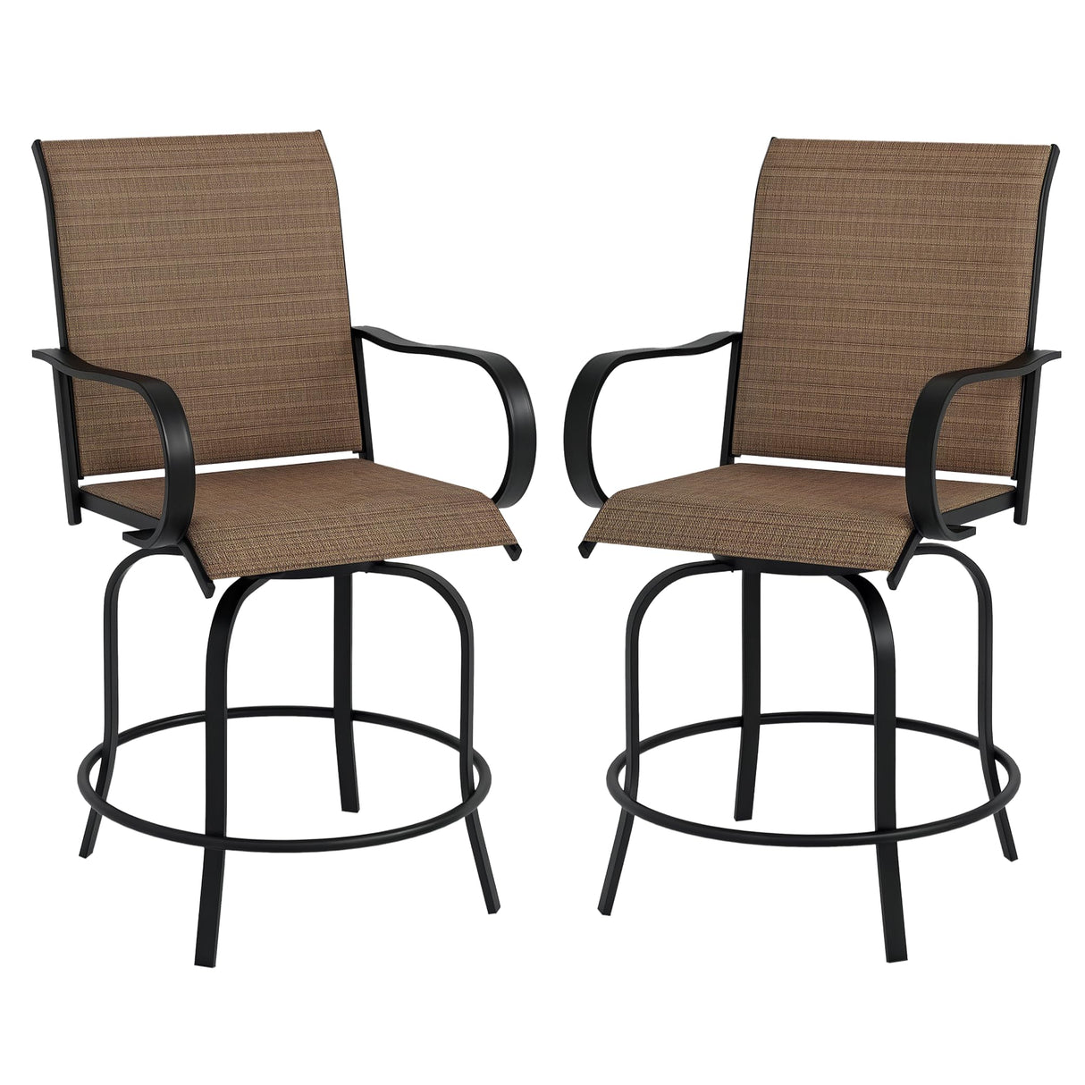 Outsunny Outdoor Bar Stools with Armrests, Set of 2 360° Swivel Bar Height Patio Chairs with High-Density Mesh Fabric, Steel Frame Dining Chairs for Balcony, Poolside, Backyard, Brown Outsunny