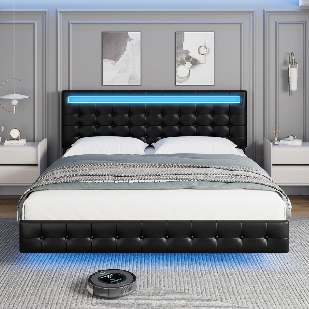Keyluv Modern King Bed Frame with LED Lights and Upholstered Leather Headboard Keyluv