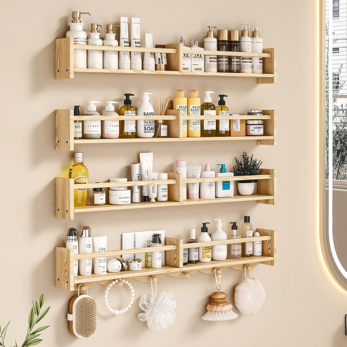 ECOOCE 34Inch Nursery Bookshelves,Set of 4,Wall Floating Shelf Kids Coat Rack with 6Hooks,Hanging Book Shelf for Baby Nursery Room Décor, Patent Number: 29958098(Burlywood, 34) ECOOCE