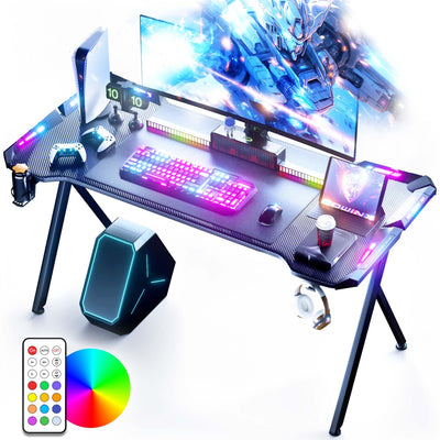 Dowinx Gaming Desk with LED Lights, RGB Gaming Computer Table with Carbon Fibre Surface, LED Home Office Desk with Remote Control, Pc Workstation, 47 Inch, Black