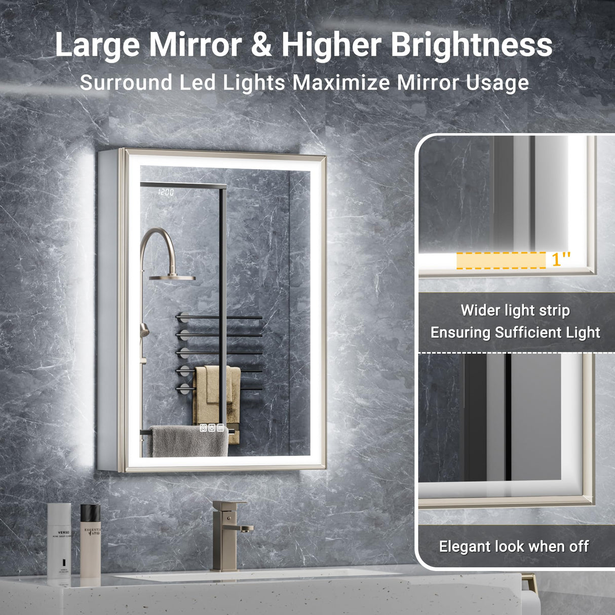 QueenFun 24x32 Lighted Medicine Cabinet with Mirror, Beveled Brushed Nickel Framed Surface or Recessed Fogless Dimmable LED Medicine Cabinet with Outlet, Time Display and Sensor Inner Light QueenFun