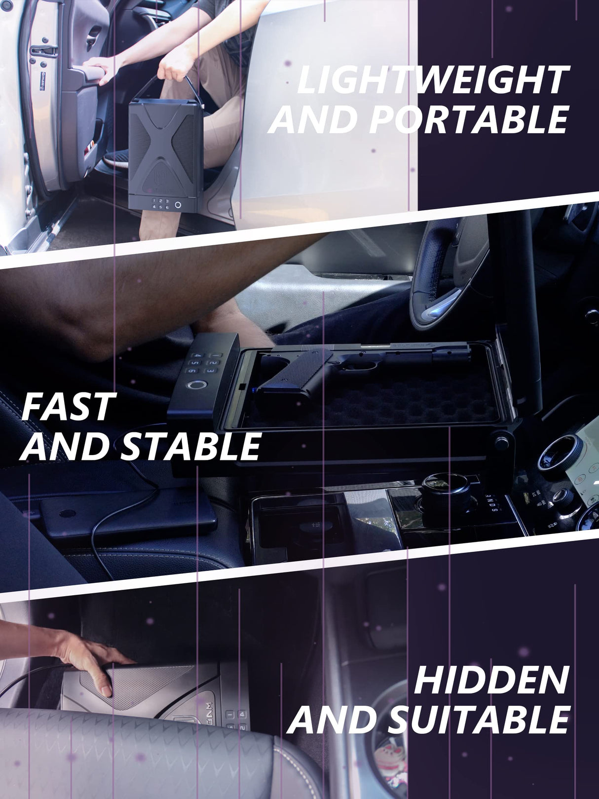 MD MADOATS Car Gun Safe, Portable Biometric Safes for Pistols with Cable, Fingerprint & Keypad & Key Access Handgun Lock Box for Vehicle Travel Home (Leather Logo) MD MADOATS