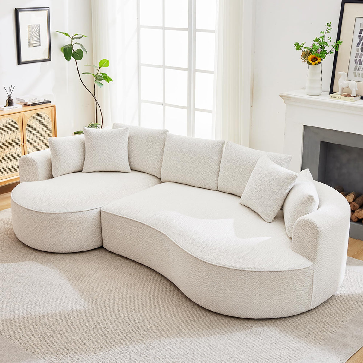 Opiesit 124" Oversized Boneless Couches for Living Room, Sectional Curved Sofa with 7 Pillows, L-Shape Boneless Couch with Deep Seat, High-Density Memory Foam, No Assembly Required, Chenille (White) Opiesit