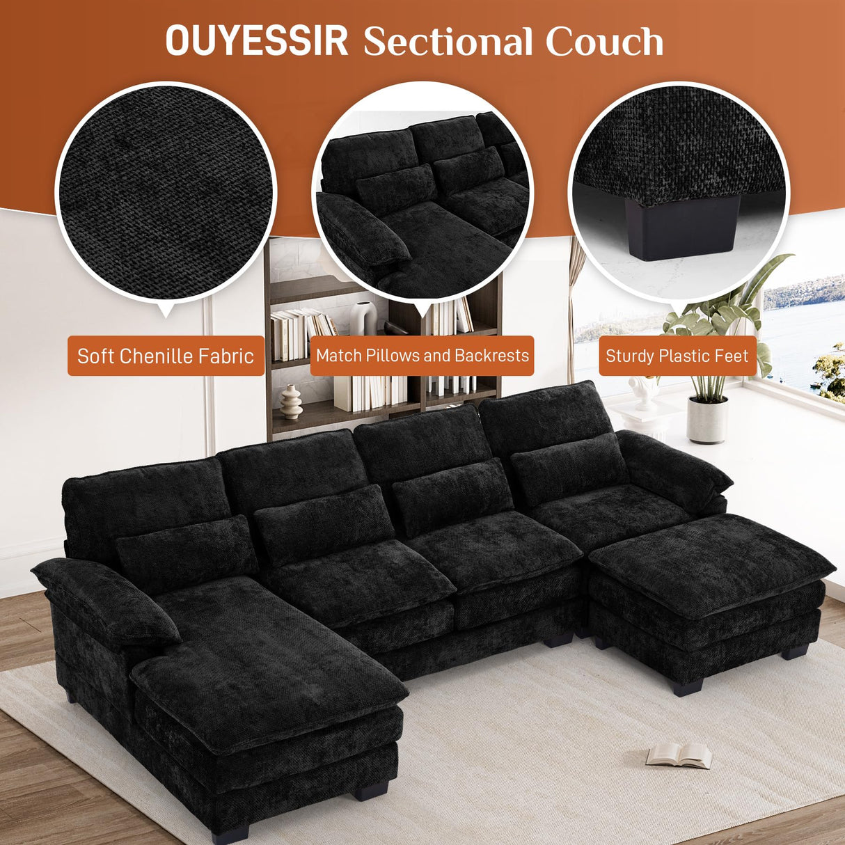 OUYESSIR 114" U Shape Sectional Cloud Couch with Ottoman,Fluffy Sectional Couches for Living Room,4 Seater Modular Sectionals Sofa,Comfy Cloud Sofas & Couches with 4 Pillows,Light Black OUYESSIR