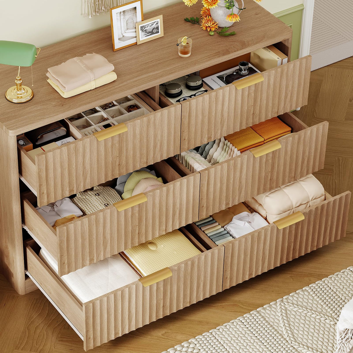 TEENFON Fluted 6 Drawer Dresser for Bedroom, Wide Modern Chest of Drawers with Metal Handle, Curved Profile Design, Wood Closet Clothes Storage Organizer for Bedroom, Living Room, Hallway, Natural TEENFON