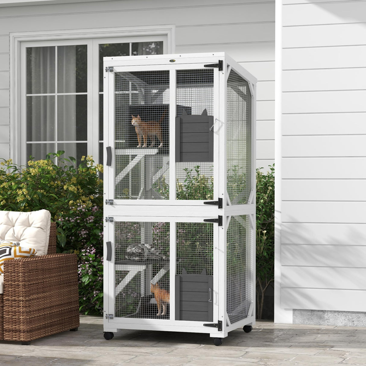 PawHut Wooden Catio with Waterproof Roof, Large Cat House with High-Up Resting Box, Indoor & Outdoor Cat Enclosure with Wheels, for 1-3 Cats, White PawHut