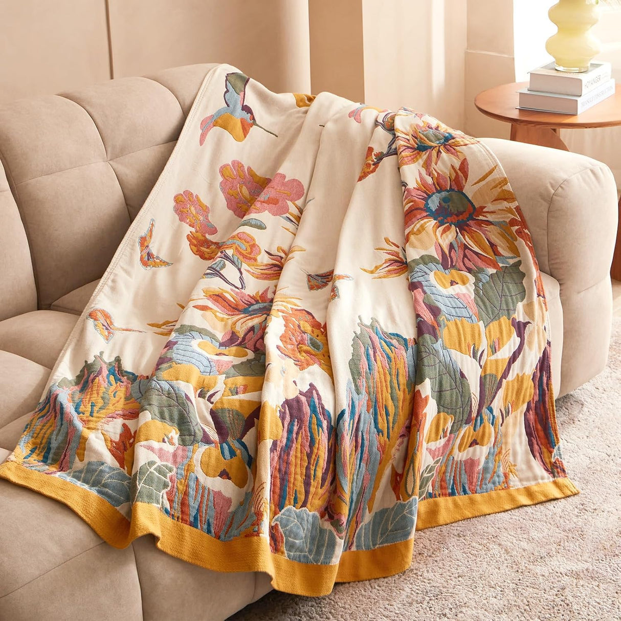 Wzvzss Boho Throw Blanket - 100% Cotton Soft Throw Blanket for Bed, 50"x60" Reversible Breathable Lightweight Fall Blankets, All Seasons Farmhouse Decor Floral Plant Butterfly Throw Quilt Wzvzss