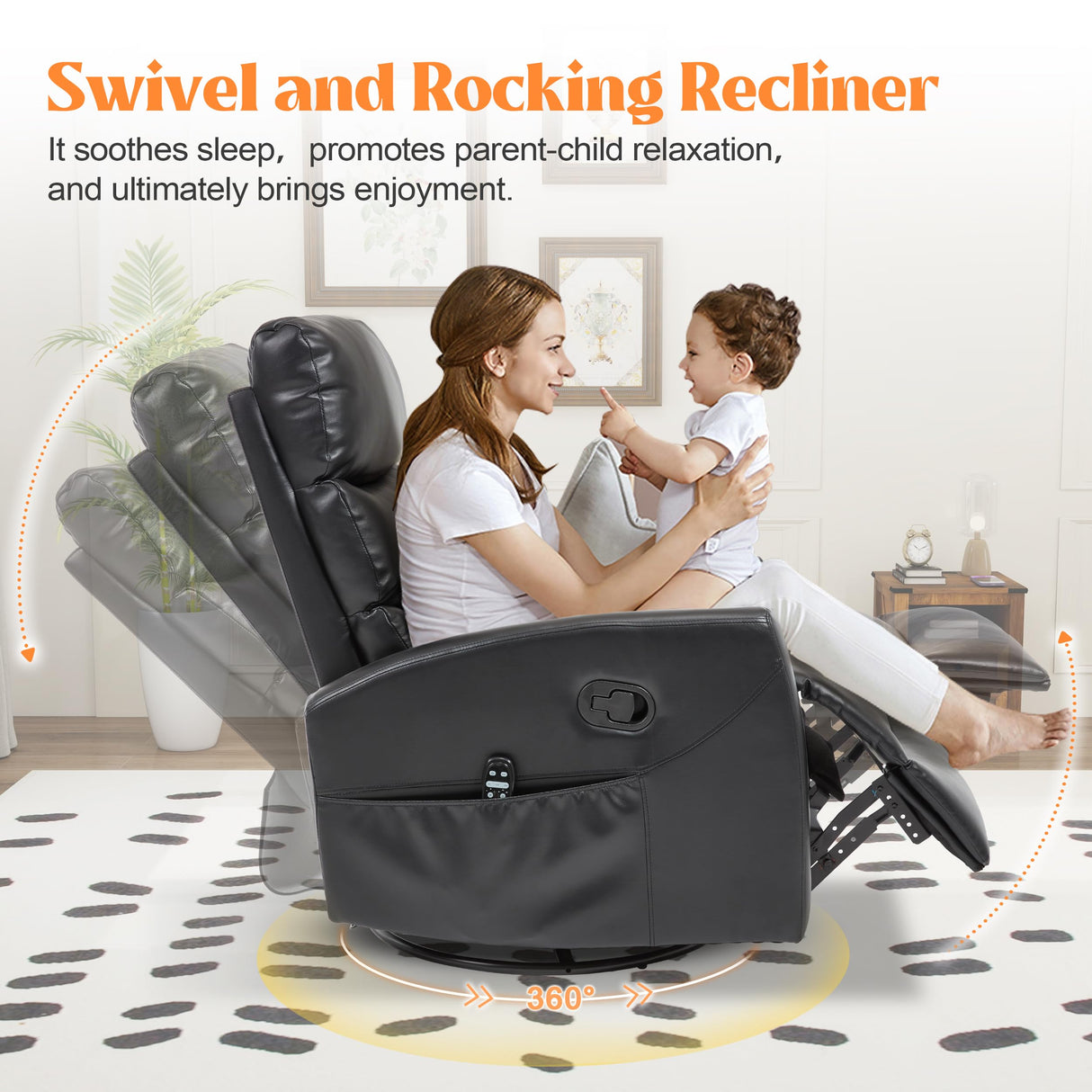 Manual Swivel Rocker Recliner Chair with Massage, Overstuffed Recliner Glider with Vibration Massage and Heat for Nursery, Living Room Reclining Sofa Chair, PU Leather Black Luxlen