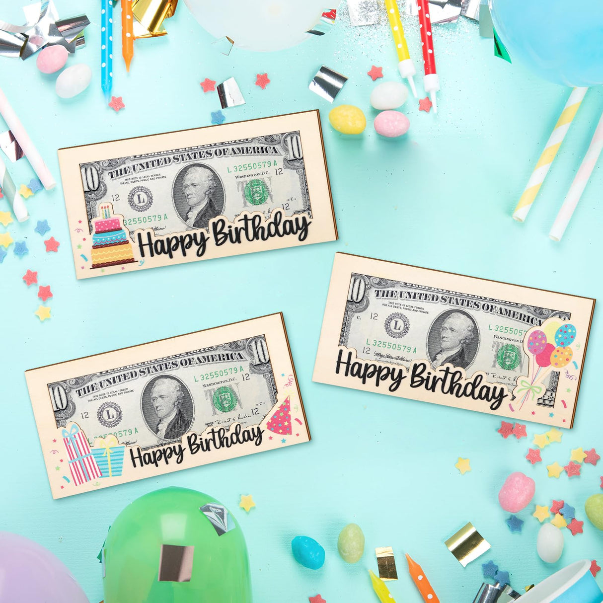 Beeveer 3 Pieces Birthday Money Gift Holder Wooden Birthday Card Box Cash Holder Cake Balloons Cash Envelope Money Wallet Birthday Money Gift DIY Money Holder Birthday Present for Birthday Party Beeveer