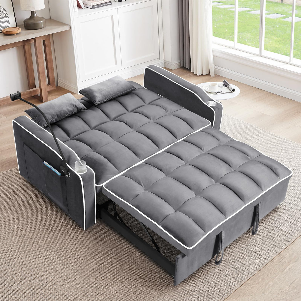 Convertible Sofa Bed,3-in-1 Velvet Sleeper Couch Pull-Out Bed,55'' Loveseat Sleeper Sofa Bed with Adjustable Backrest with 2 Pillows and Storage Bag & USB Port and Swivel Phone Stand,Dark Gray WIIS' IDEA