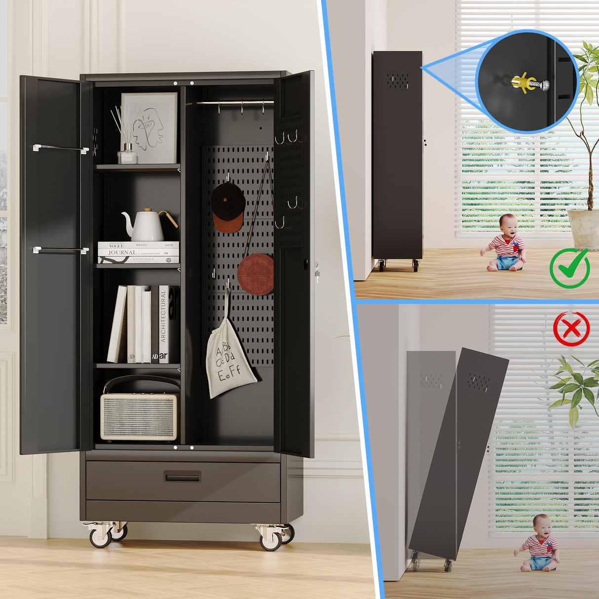 SUXXAN Broom Closet with Wheels 71"x 31.5"x15.75", Metal Cleaning Cabinets with Drawer Hooks and Hanging Rods, Lockable Cabinet with Pegboard, Adjustable Shelf,for Garage, Laundry Room SUXXAN