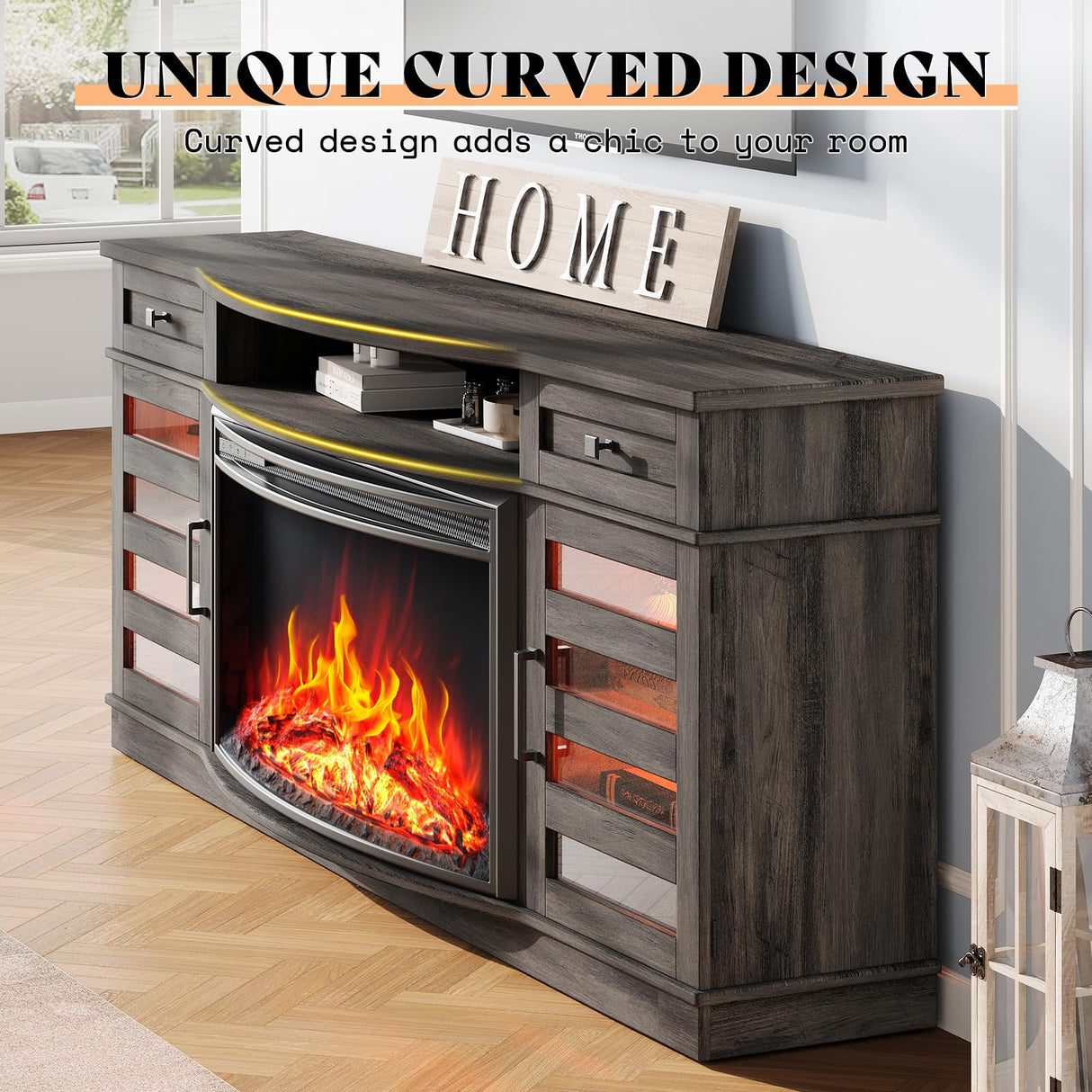 AMERLIFE 70" Curved Fireplace TV Stands with 36'' Electric Fireplace, Farmhouse LED Entertainment Center for TVs up to 80'' with Glass Door & Adjustable Shelves, Wash Gray AMERLIFE