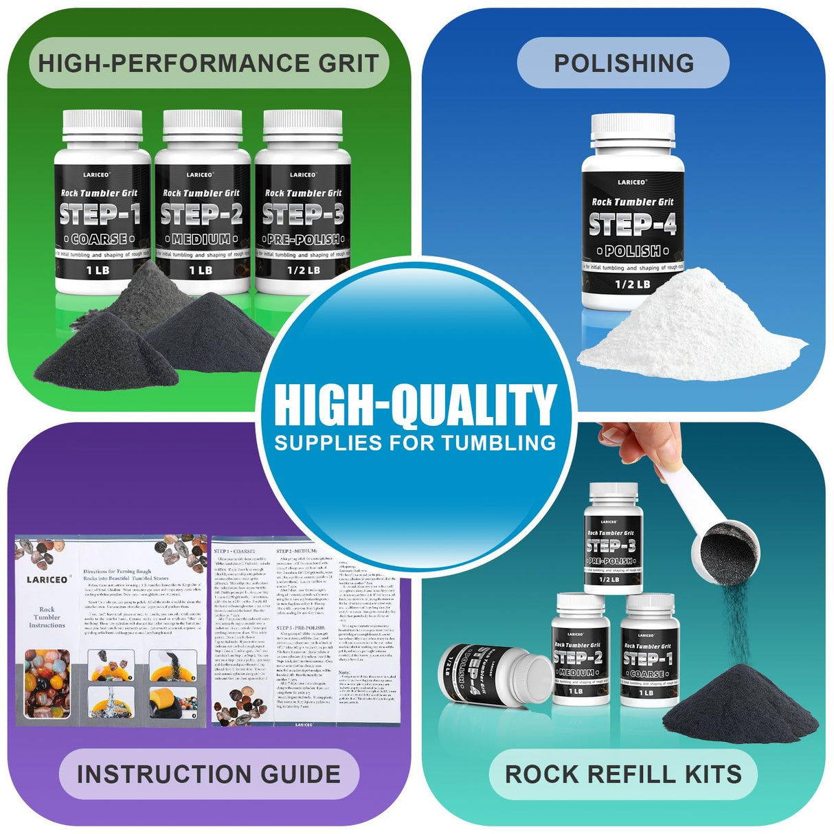 3LB Rock Tumbler Grit and Polish Refill Set, 4-Step Professional Polish Rock Tumbler Grit to Unlock Stunning Polished Stones. Ideal for National Geographic, KomeStone, and Other Polishers and Tumblers LARICEO