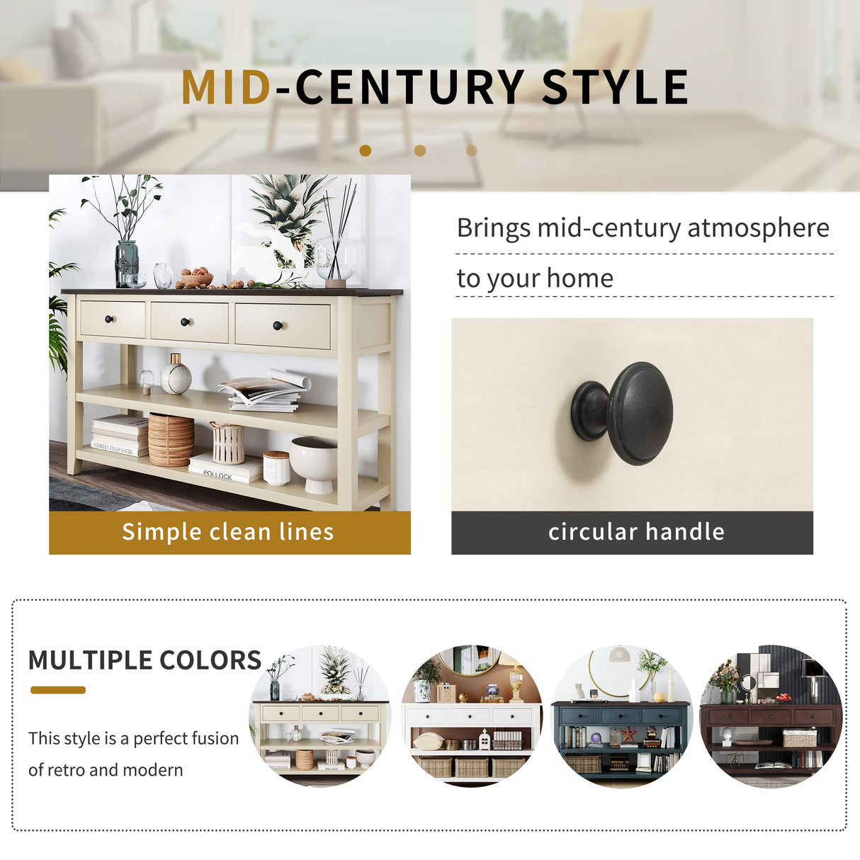 Rustic Console Table, 50In Long Console Table Sofa Table with 3 Drawer and 2-Tier Open Storage Shelf, Console Table for Living Room, Hallway Beige//W+e RUNNA