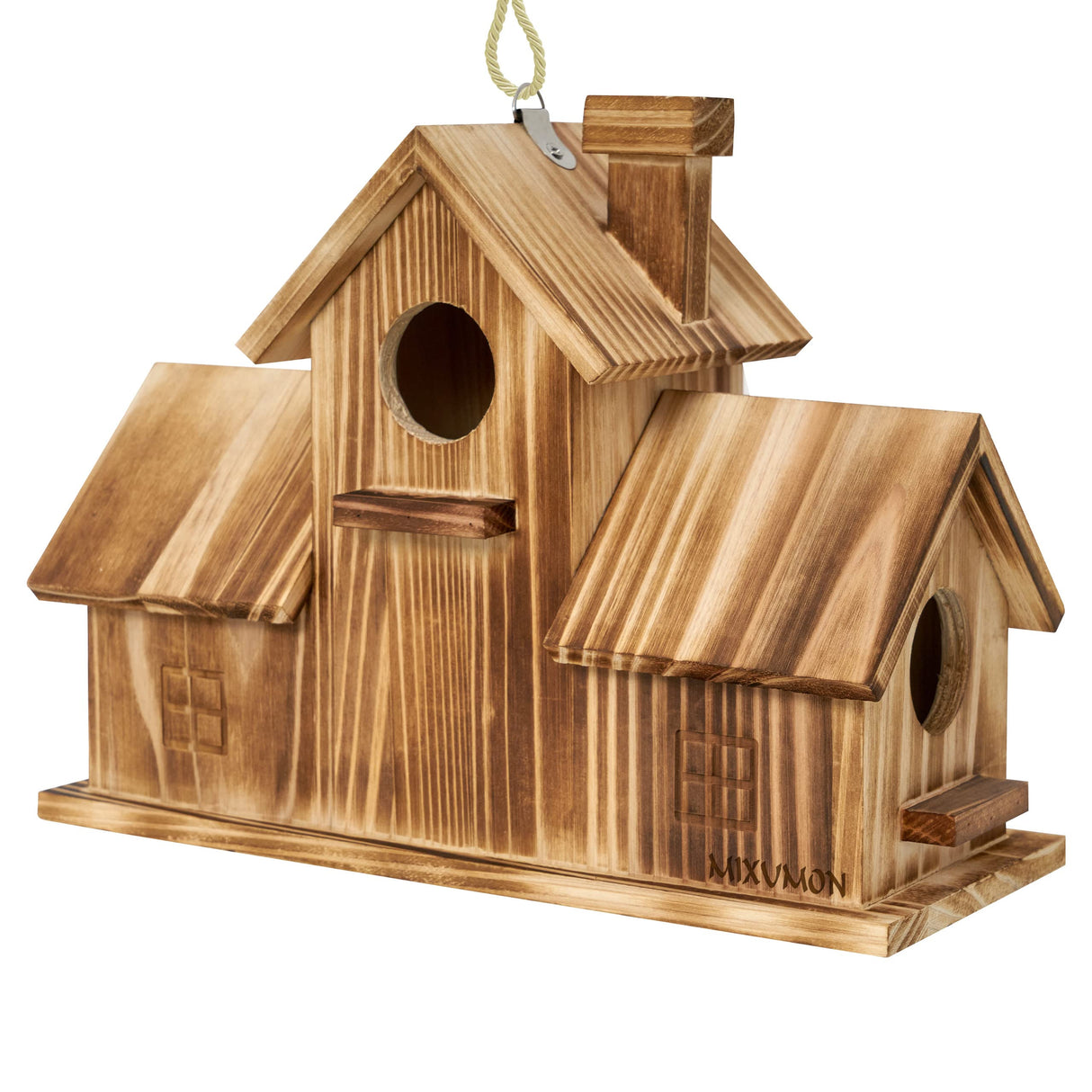 MIXUMON Bird Houses for Outside, Outdoor 3 Hole Bird House Room for 3 Bird Families Bluebird Finch Cardinals Hanging Birdhouse for Garden (Style 1) MIXUMON