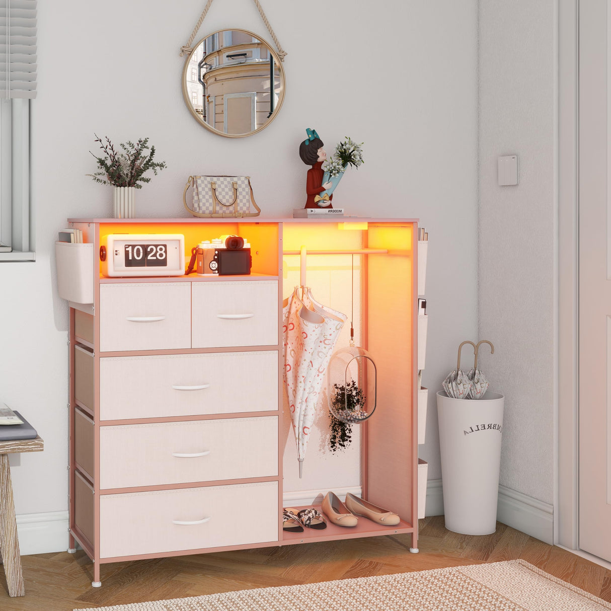 Espelism Dresser for Bedroom with Clothes Rack Side Pockets 5 Drawer Dresser with Charging Station LED Lights Black Storage Chest of Drawers for Hallway Closet Sturdy Steel Frame Wood Top (Pink) Espelism