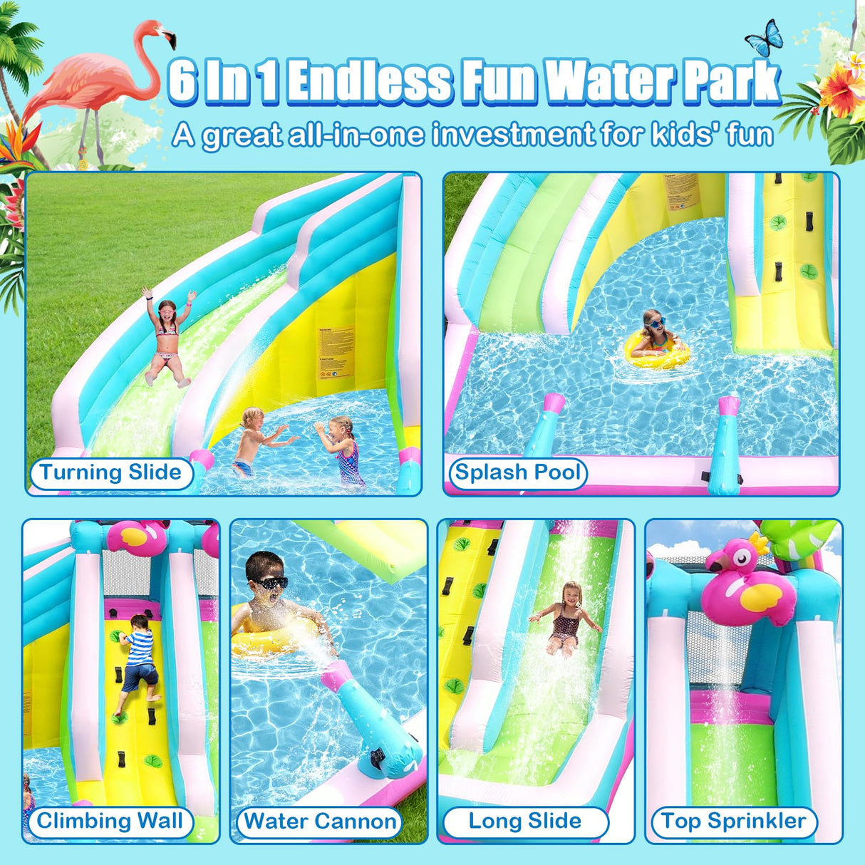 Inflatable Water Slide, 6 in 1 Blow Up Water Park Aged 3-12, Flamingo Style Water Bounce House with Double Long Slides, Splash Pool, 580W Blower Waterslide for Kids and Adults Backyard HEMOPOW