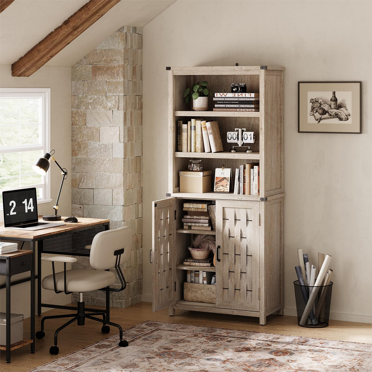 LINSY HOME Farmhouse Bookcases with Doors, Floor Standing 6-Shelf Display Storage Shelves, 72 in Tall Bookshelves for Home Office, Living Room, Light Gray LINSY HOME