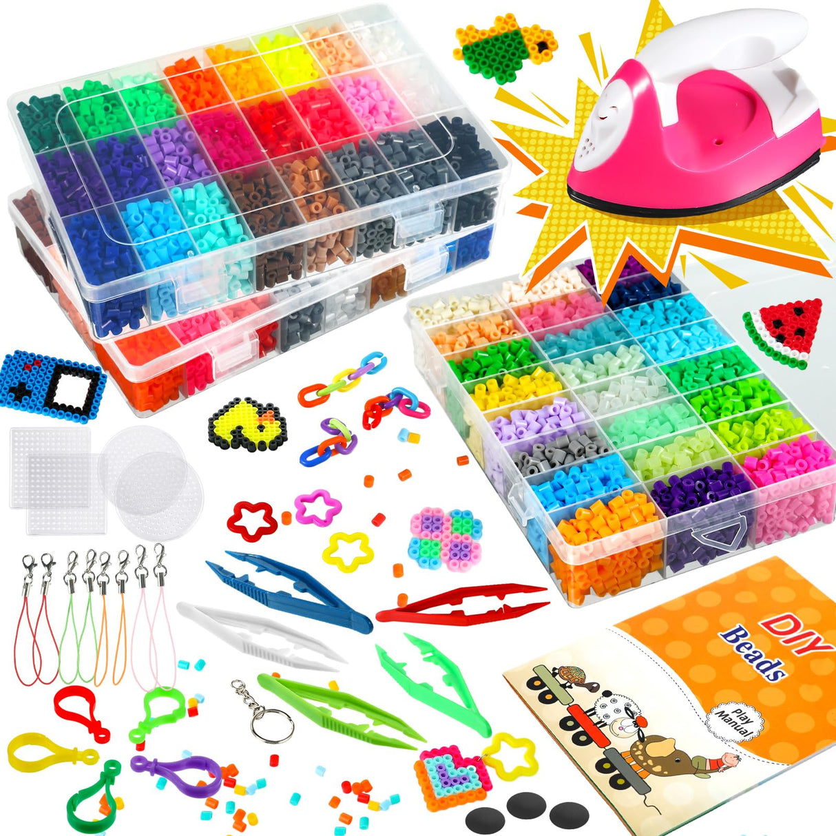 Fuse Beads Set of 72 Colors, 12600 Pcs 5mm Fuse Beads with Portable Mini Iron 5 Pegboards 5 Iron Paper 5 Adhesive Magnetic Discs 5 Tweezers 16 Keychains 8 Key Ropes with Hooks Booklet for Kids Yuxung