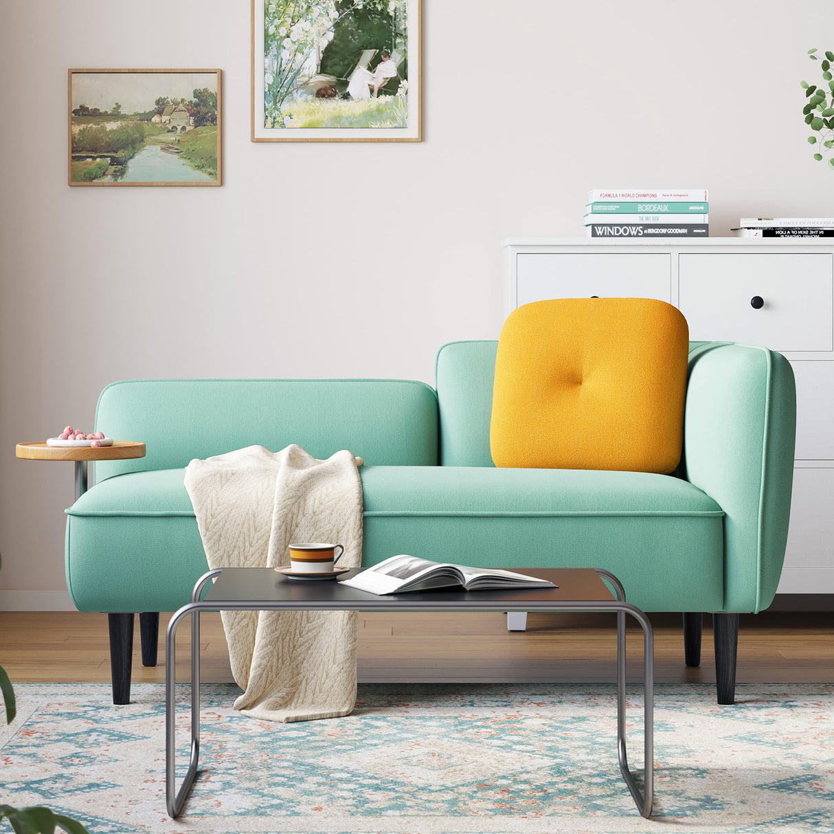 LINSY Small Loveseat Couch 2 Seat, Mid Century Modern Love seat Couches 57" Mini Couch with Srorage, Removable Table and Pillow, Couches for Small Spaces Living Room Bedroom Dorm (Teal Left) LINSY